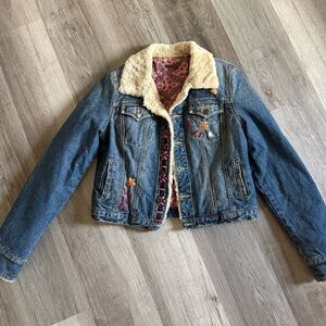FREE PEOPLE Embroidered Denim Jacket with Faux Fur Collar